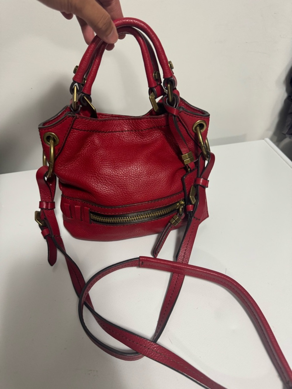 orYANY Red Pebbled Leather Mini Crossbody Satchel
